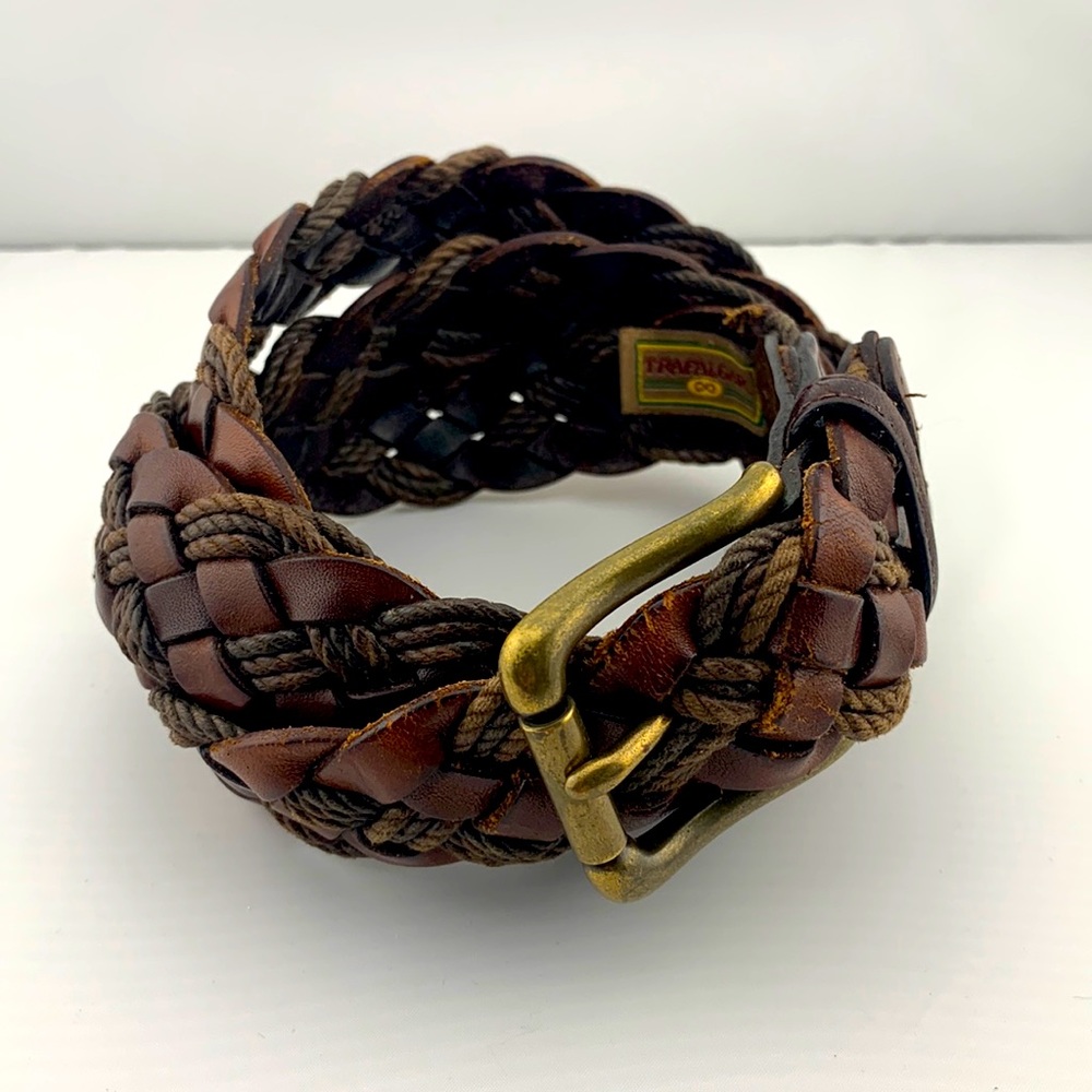 Vintage Men's Trafalgar Braided Brown Leather Belt Brass Buckle 42"